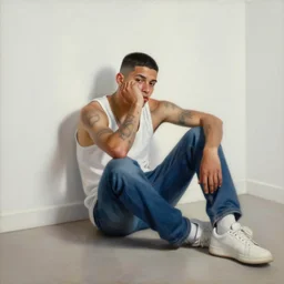 oil painting portrait of a tattoed young and thin latino guy sitting on the floor in a well lit white room wearing a sleeveles white shirt and blue jeans, short hair, tattoos, smoking, illustration, detailed, cinematic light, wide angle lens, art by philippe bouchet