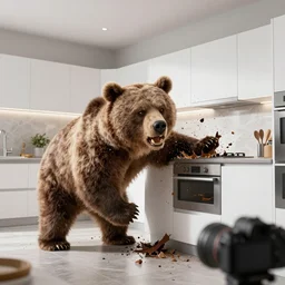 angry brown bear smashing up a pristine modern kitchen, hidden camera, photorealistic, 8k