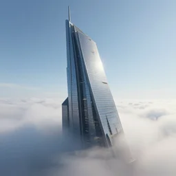 singular!!! cyberpunk skyscraper rising from an opaque carpet of fog in an otherwise clear sunny day. lateral view showing the building from top to bottom. dynamic perspective, surrealism, concept art by dom qwek, trending on cg society, neofuturism, futuristic, volumetric lighting, aesthetic. digital matte painting