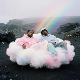 high quality pastel coloured film close up wide angle photograph of 2 1 savage wearing clothing resting on cloud furniture in a icelandic black rock!! environment in a partially haze filled dreamstate world. three point light, rainbow. photographic production. art directed. pastel colours. volumetric clouds. pastel gradient overlay. waves glitch artefacts. extreme facial clarity. 8 k. filmic.