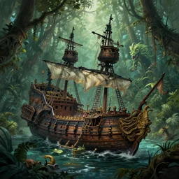 the wreckage of a legendary pirate ship near a magical treasure protected by a mythical creature in the middle of a very dense tropical jungle, digital painting, trending on artstation, concept art, matte painting, highly detailed, art by greg rutkowksi, craig mullins