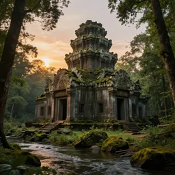 a ruined mossy ancient temple in the middle of a forest near a river at sunset, digital art, high quality, high detail, 8k hdr