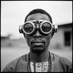 an analogue photo of an Tribal Igbo man wearing futuristic mecha steam punk goggles, black & white, 35mm, f/1.4,