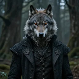 an ultra realistic, cinematic, fantasy, portrait, of an evil wolf man, lord of the rings, soft light, facial features, stood in a forest, with victorian clothing, detailed, deep focus, movie still, dramatic lighting, ray tracing, by michal karcz and yoshitaka amano