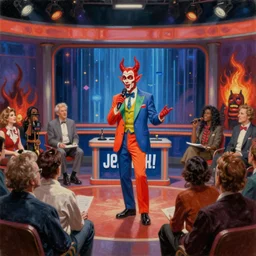 A Jeopardy-style retro game show hosted by Satan in a colorful suit, being recorded before a studio audience in the middle of Hell, oil on canvas, painting, 4k, wide shot