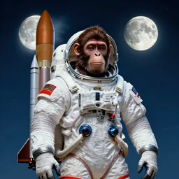 hdr portrait photography an ape wearing a spacesuit!, spacex rocket behind his back, full moon in the sky. cinematic, coherent portrait, intricate, elegant, highly detailed, digital photo, trending on artstation, hdr photo, smooth, sharp focus, illustration, art by artgerm and greg rutkowski and alphonse mucha
