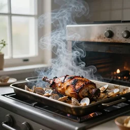 a photo of smoke coming out of seymour's oven, next to a window, seymour's roast is ruined, steamed clams, color photography, high quality, volumetric light, beautiful, 4 k