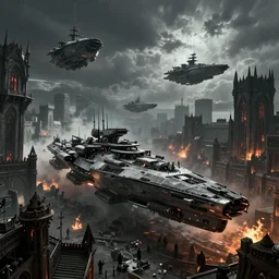 sci-fi warship in a cyberpunk medieval medieval city, rich contrast, sci-fi warships in sky, feeling of grimdark and gothic horror, explosions and fire, hyperrealistic, octane render, unreal engine, Cryengine 8k UHD