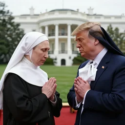 photorealistic 8 k image of putin and trump,,,,,,,, as nuns praying for god together in the white house, fully detailed