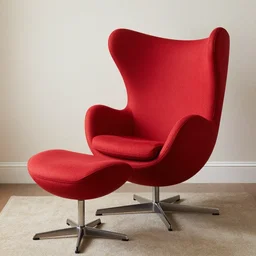 red wingback egg chair with ottoman in scottish mountains