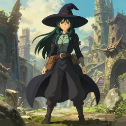 a full body portrait of an explorer witch, sun lighting, finely detailed features, perfect art, at an ancient city, gapmoe yandere grimdark, trending on pixiv fanbox, painted by greg rutkowski makoto shinkai takashi takeuchi studio ghibli, emerald herald