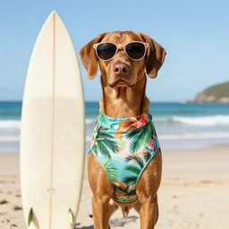 vizsla!!! wearing ( ( ( sunglasses ) ) ) hula outfit tropical surfboard 4 k photography