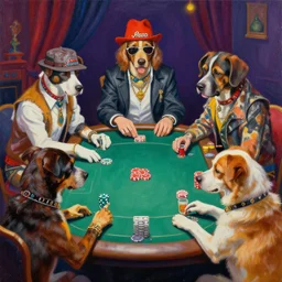 a painting of hipster dogs playing poker, in the style of tomma abts