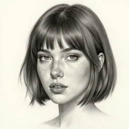 highly detailed realistic pencil sketch portrait of a beautiful woman with short hair and bangs and freckles