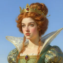 portrait of faerie queen, elegant, intricate, headshot, blue sky background, highly detailed, digital painting, artstation, concept art, sharp focus, illustration, art by artgerm and greg rutkowski and alphonse mucha h 7 6 8