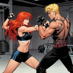a woman with red hair training to a man with blonde hair, comic art by david aja