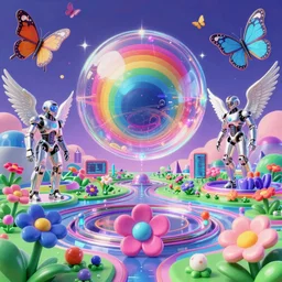 3 d render of cyber landscape with orbs and cyborgs with angel wings against a psychedelic surreal background with 3 d butterflies and 3 d flowers n the style of 1 9 9 0's cg graphics, lsd dream emulator psx, 3 d rendered y 2 k aesthetic by ichiro tanida, 3 do magazine, wide shot