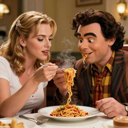 ernest eats spaghetti with scarlett johanson, jim varney, hyperrealistic, volumetric golden dappled dynamic lighting, highly detailed, sharp focus, by victo ngai, artgerm