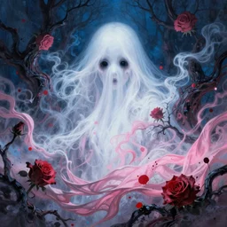 a beautiful terrifying ghost portrait black eyes smoke twisted trees rose blackpink, floating cloth whirlpool, sorayama ethereal horror splatter fantasy art blue, pink, red white hues by karol bak raymond swanland, gaston bussiere craig mullins alphonse mucha basil gogos, monet, ruan jia, by wlop, moebius syd mead roger dean yoshitaka amano