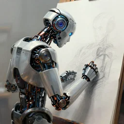 a robot drawing a picture of itself, award winning concept art, intricate, 4 k, dramatic lighting, cinematic, digital paiting, trending on artstation
