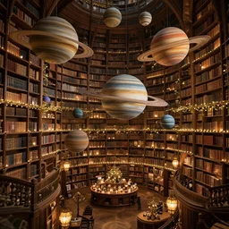 professional digital art of an infinite library filled with floating ringed planets, fancy library, cozy, fairy lights, lanterns, fantasy, high quality, hd, 4 k, 8 k
