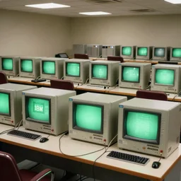 a large 1970's computing room with 9-track machines and green glowing screens. by IBM by Amdahl.