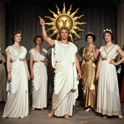 a vintage 1 9 3 0 s kodachrome photograph of a haute couture collection opera ensemble inspired by the roman god apollo, the god of the sun.