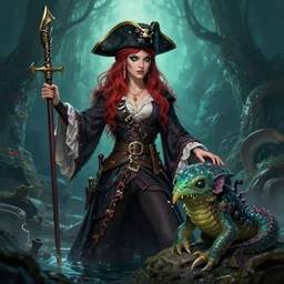 pirate sorceress and her pet kraken hatchling