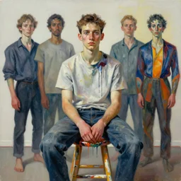 portrait of a young painter with creative block sitting on a stool painted by vincent lefevre and hernan bas and pat steir and andreas gursky and hilma af klint and danny fox, psychological, photorealistic, symmetrical face, dripping paint, washy brush, rendered in octane, altermodern, masterpiece