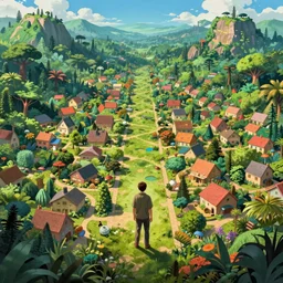 alone person facing the desperate call of the void, organized suburb in jungle forest, unreal 5 render, vivid colors, high detail, clear weather, studio ghibli, history painting, digital art, octane render, beautiful composition, trending on artstation, award - winning photograph, masterpiece