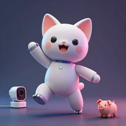 product photo of a futuristic happy surprised robot pet, asymmetric minimalistic cute, by artgerm and greg rutkowski and marc newson and zaha hadid, alphonse mucha, samsung apple webcam, matte glossy materials, neon, kitten puppy pig. flowing dancing pose. three quarter view, volumetric light, detailed, octane render, midsommar