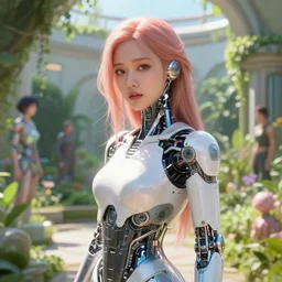 kim hyun joo as an android, rose hair, futuristic garden, fine detail!!, cinematic, illuminated, sunny, beautiful girl, advanced technology, futuristic, digital painting by ilya kuvshinov, akiko takase, eugene gottsnake, stanislav istratov and su fu and antoine collignon