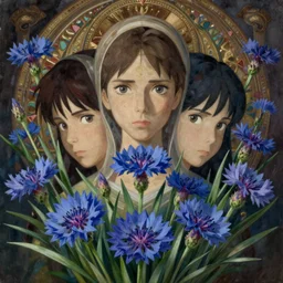 breathtaking detailed concept art painting of the goddesses of cornflower flowers, orthodox saint, with anxious, piercing eyes, ornate background, amalgamation of leaves and flowers, by Hsiao-Ron Cheng, James jean, Miho Hirano, Hayao Miyazaki, extremely moody lighting, 8K