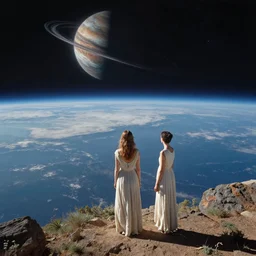 epic wide angle view beautiful woman in a muslin dress watching from the Earth as a rogue planet looms on the horizon, by Edgar Maxence and Ross Tran and Michael Whelan