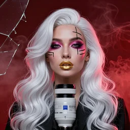 , woman, high sharpness, zeiss lens, fashion photo shoot, neon shadows, long white wavy hair, gold lipstick, against red smoke, they have gasoline on their face, neon eyes, black lines, broken glass, ralston crawford, georgia totto o'keeffe,, artistic, beautiful face, octane rendering