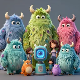 hyperrealistic concept sheet of cute colorfull digital family monsters for kids assisting a concept machine in the style of jin kagetsu, patricia piccinini, james jean and wlop, highly detailed, masterpiece, award - winning, sharp focus, intricate concept art, ambient lighting, 8 k, artstation