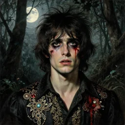 a beautiful but sinister young man in layers of fear, with haunted eyes and wild hair, 1 9 7 0 s, seventies, woodland, a little blood, moonlight showing injuries, delicate embellishments, painterly, offset printing technique, by alexandre cabanel