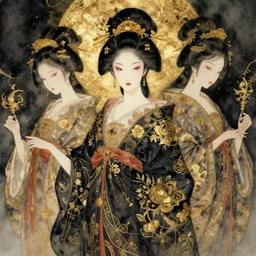 asian geisha watercolor painting by, daniel merriam, ayami kojima, peter mohrbacher, intricate detail, artstation, artgerm, in the style of darkness fantasy, rococo, gold leaf art, rime lighting