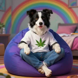 photo of a anthropomorphic border collie fursona wearing a marijuana t - shirt and jeans sitting on a beanbag chair in his bedroom, psychedelic rainbows, deep focus, highly detailed, digital painting, artstation, concept art, matte, sharp focus, illustration, art by artgerm and greg rutkowski and alphonse mucha