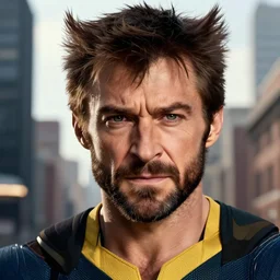 Taron Egerton as Wolverine, close-up, sigma male, rule of thirds, award winning photo, unreal engine, studio lighting, highly detailed features, Canadian city setting