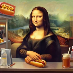 smug Mona Lisa working at 'Hot Dog on a Stick' in the mall food court by Fernando Botero