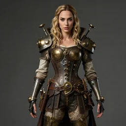 highly detailed steampunk gal gadot with blond hair, standing, iron age : leonardo da vinci, greg rutkowski, magali villeneuve