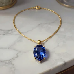 A very highly detailed pointed faceted sapphire necklace with a thin gold chain and gold setting, resting on a polished marble countertop, digital rational painting art by Lindsey Look, Mike Bierek, Kamila Szutenberg, David Auden Nash, Franz Vohwinkel, Volkan Baga, Sung Choi, Ryan Pancoast, fantasy highly detailed, digital concept art, sharp focus, realistic concept art rendered in Octane Render