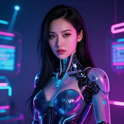 beautiful japanese cyborg megan foxwith digital led skin, neon lighting, techno neon projector background, portrait photo, octane render
