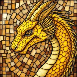 beautiful and detailed portrait of a yellow dragon, profile view, side view, head of a yellow dragon, brown mosaic background, stained glass art, by alphone mucha, very masterful