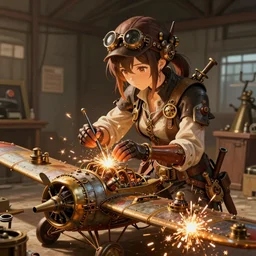 an engineer with steampunk tools and clothing who is building a steampunk plane prototype, steampunk tools, anime girl, anime, extremely detailed, sparks, intense, mostly warm colors, warehouse background,