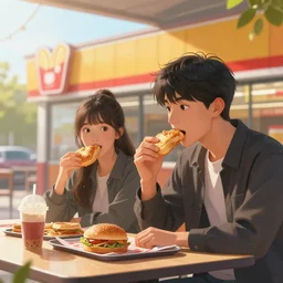 eating in a fastfood chain. volumetric lighting, spring early morning, dew, nice weather, realistic illustration, perfectly shaded, digital painting, unreal engine render, art by krenz cushart and wenjun lin