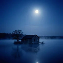 old house in the middle of the lake, fog, moon rays, night sky, stars, deep blue mood, old photo, by stanley kubrick