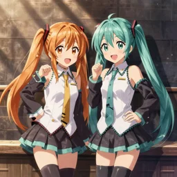 hatsune miku and gumi hanging out having fun, best friends, detailed, anime