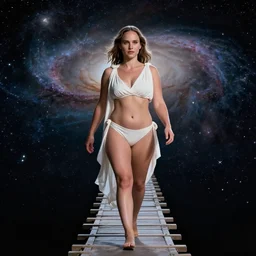 film still of curvy natalie portman walking on an invisible bridge, similar to the bifrost, toward an endless abyss in space, wearing a white flowy bikini inspired by ancient roman clothing, beautiful astronomical background with galaxies and nebulas, lack of sunlight, darkness of space, focus on facial detail, 8 k resolution, cinematic lighting, anatomically correct, by christopher nolan